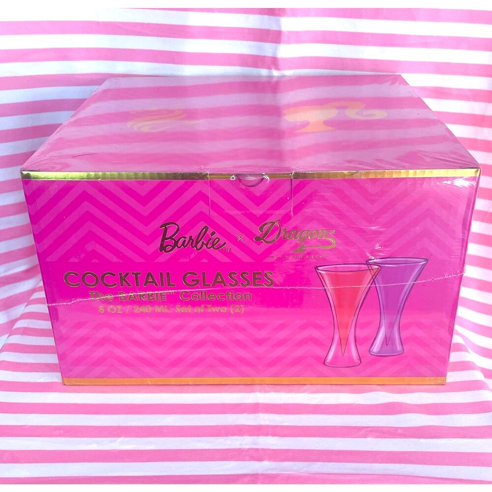 NIP Barbie x Dragon Glass pink 8 oz cocktail glasses new in box never used GIFT!